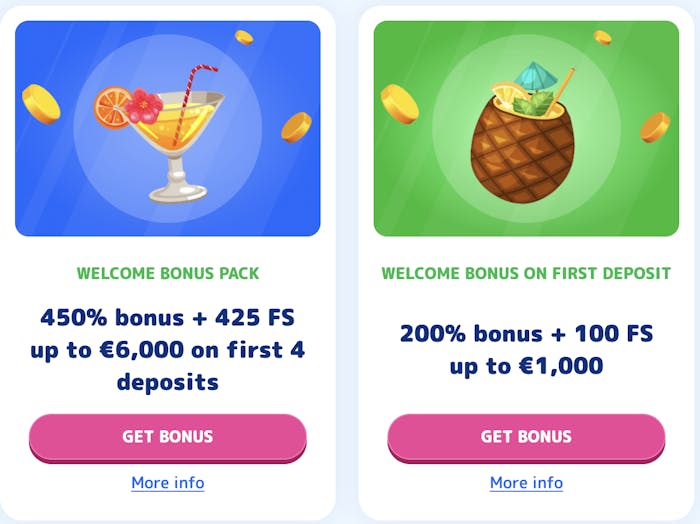 Casino Joy, showcasing two welcome bonus offers: 450% bonus + 425 free spins up to €6,000 on first 4 deposits and 200% bonus + 100 free spins up to €1,000 on first deposit