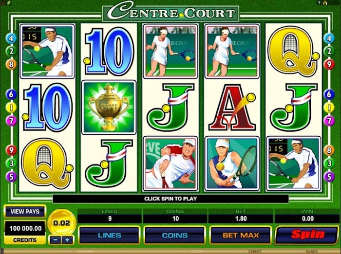 Gameplay screen of the Centre Court online slot showing a 5x3 reel layout with symbols including tennis players, trophies, rackets, and standard card values. The interface highlights features like paylines, coin values, and the spin button.