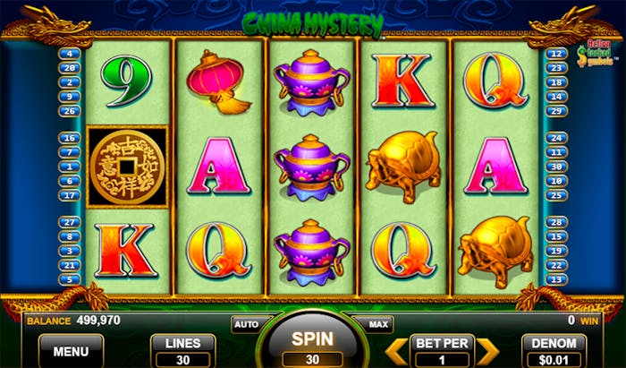 A screenshot of the China Mystery slot game showing reels filled with Chinese-themed symbols, including a lantern, a teapot, and golden items, with the player's bet set to 30 lines and €0.01 denomination.
