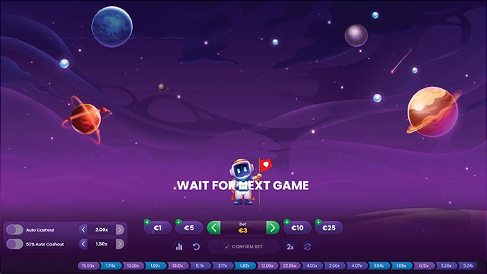 Demo version of Spaceman crash game, set in space against a backdrop of moons, planets and stars.