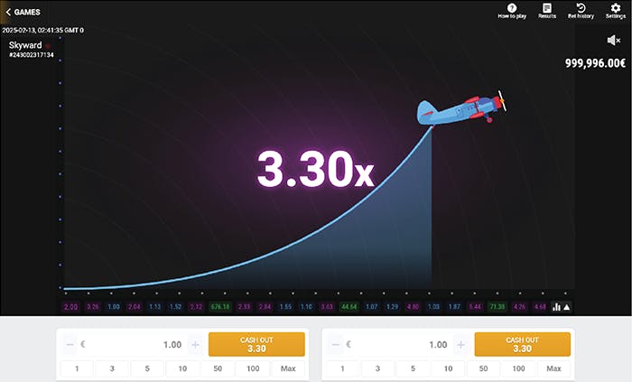 Skyward crash game features a blue plane that flies up until it crashes - cash out before you lose.