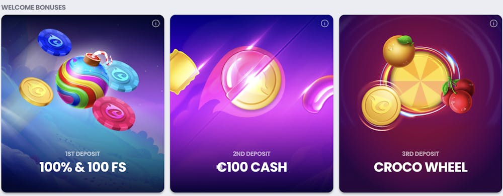 Three CrocoSlots promotional banners featuring welcome bonuses, including a 100% bonus with 100 free spins, €100 cash rewards, and the Croco Wheel prize with colorful spinning coin visuals.