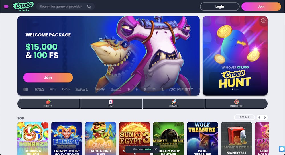 CrocoSlots homepage featuring a playful shark-themed welcome package promotion offering $15,000 and 100 free spins, alongside a user-friendly interface highlighting top games like Bonanza Billion and navigation for slots, live casino, and crash games.