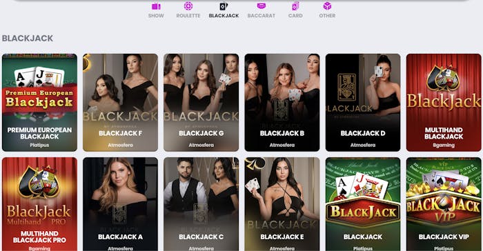 Grid of live blackjack games at CrocoSlots Casino, displaying options like Premium European Blackjack by Platipus, Blackjack F by Atmosfera, and Multihand Blackjack Pro by BGaming. Each tile features professional dealers in elegant settings.