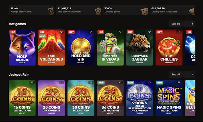 Selection of slot games available at Crown Gold Casino, featuring popular titles such as Wolf Treasure, Coin Strike, and Gold Rush with Johnny.