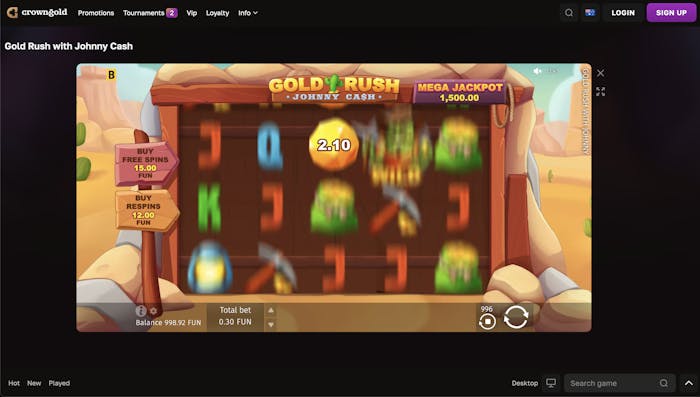 Gameplay screen of the Gold Rush with Johnny Cash slot, showing a mega jackpot of $1,500, with the option to buy free spins and respins.