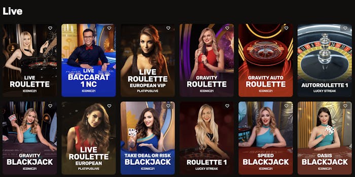 Selection of live casino games at Crown Gold Casino, including live roulette, baccarat, and blackjack with professional dealers.