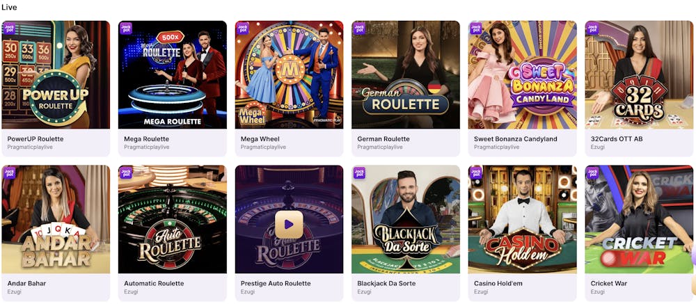 A grid layout showcasing live casino games, including PowerUP Roulette, Mega Roulette, German Roulette, Sweet Bonanza Candyland, and more, with colourful thumbnails and game titles