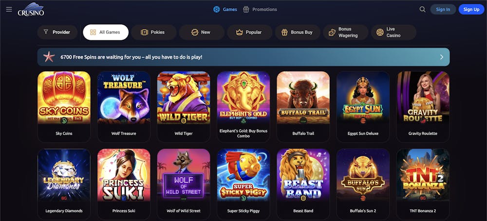 Crusino online casino game library featuring popular slots like Sky Coins with golden lanterns, Wolf Treasure with a glowing wolf, Wild Tiger with a fierce tiger, and Elephant’s Gold with a golden elephant icon, highlighting their vibrant themes and gameplay diversity.