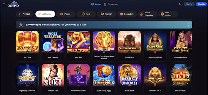 Crusino online casino game library featuring popular slots like Sky Coins with golden lanterns, Wolf Treasure with a glowing wolf, Wild Tiger with a fierce tiger, and Elephant’s Gold with a golden elephant icon, highlighting their vibrant themes and gameplay diversity.