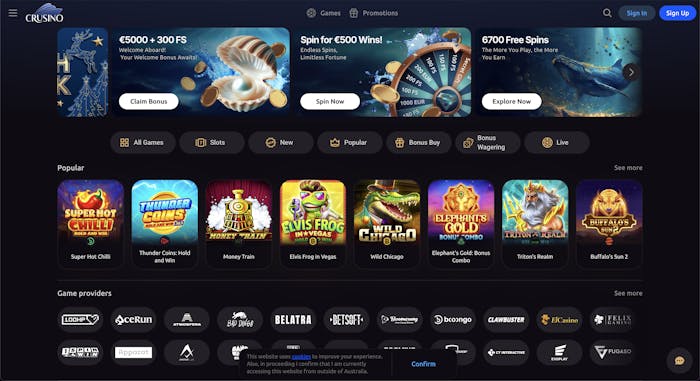 Crusino casino homepage with a luxurious dark theme, displaying a welcome bonus offer of €5000 and 300 free spins, alongside a preview of top games like Joker Cashpot, Big Bass Vegas Double Down Deluxe, and Flame Fruits Frenzy.