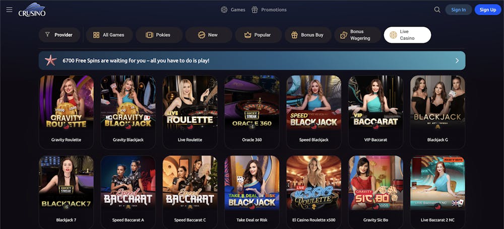 Crusino Live Casino section showcasing a variety of live dealer games, including Gravity Roulette, Gravity Blackjack, and VIP Baccarat, with professional hosts, elegant game designs, and real-time interaction.