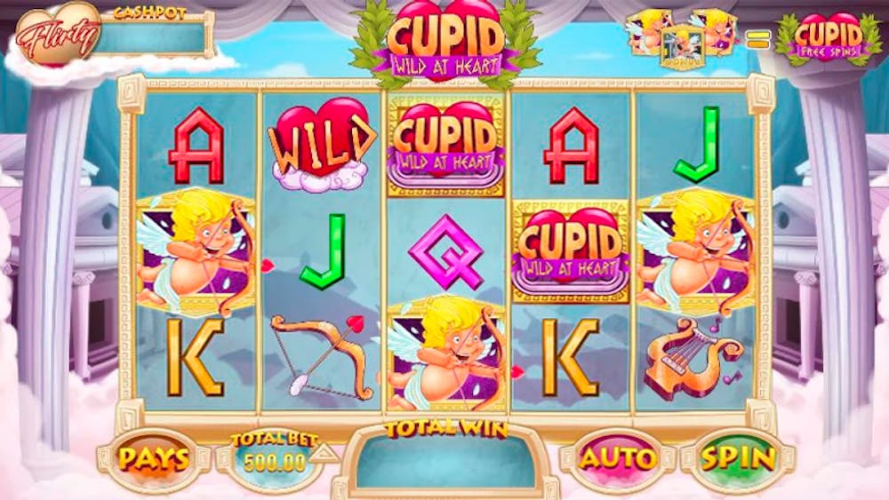 A romantic pokie game featuring a pink and gold color scheme with symbols of Cupid, bows, arrows, harps, and 