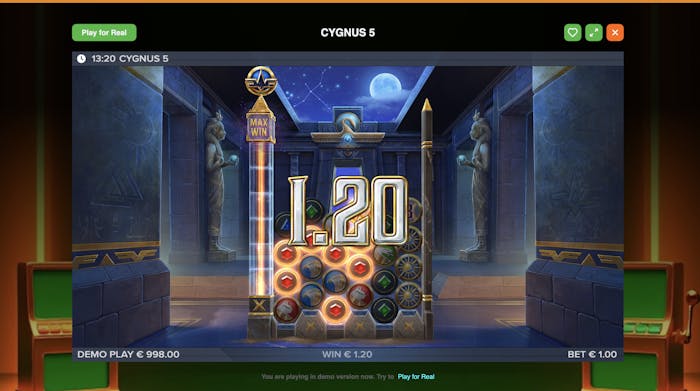 Cygnus 5 slot game at All Spins Casino showing a win of €1.20. The game is set against an ancient Egyptian-themed background with symbols and a win multiplier