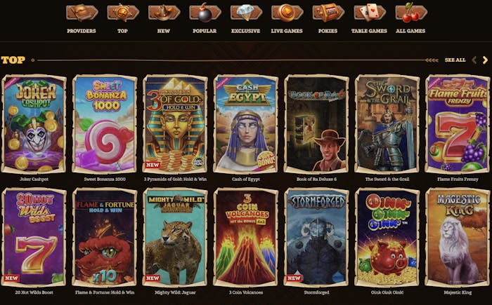 Dazardbet casino top games section showcasing popular titles like Sweet Bonanza 1000, 3 Pyramids of Gold, Cash of Egypt, and Book of Ra Deluxe 6, offering a wide variety of slot games.