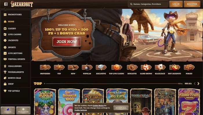 Dazardbet casino homepage displaying a Western-themed layout with promotions, including a 100% welcome bonus up to $750, 200 free spins, and a featured character from the casino's theme.