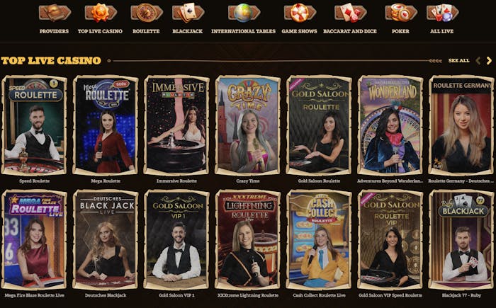 Dazardbet casino live games section featuring popular live dealer games such as Speed Roulette, Mega Roulette, Immersive Roulette, and Crazy Time, all hosted by professional dealers.