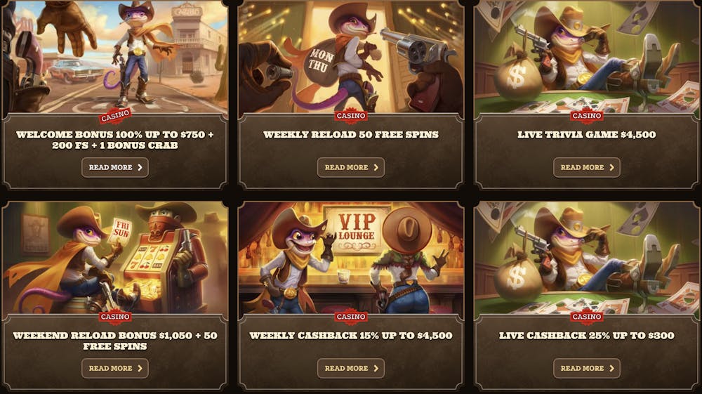 Dazardbet casino welcome bonus offer of 100% up to $750, plus 200 free spins and 1 bonus crab, presented alongside a lively Western-themed design.