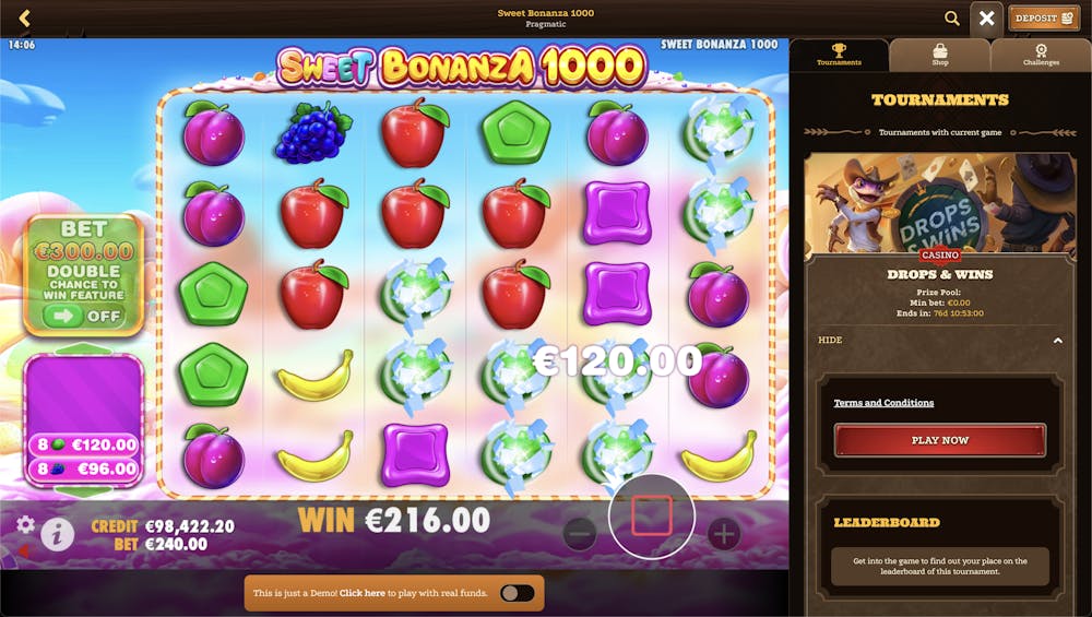 Sweet Bonanza 1000 online slot game featuring colorful fruit symbols like apples, grapes, and bananas, with a high-stakes bet of €300 and a potential win of €216, accompanied by a 'Double Chance to Win' feature