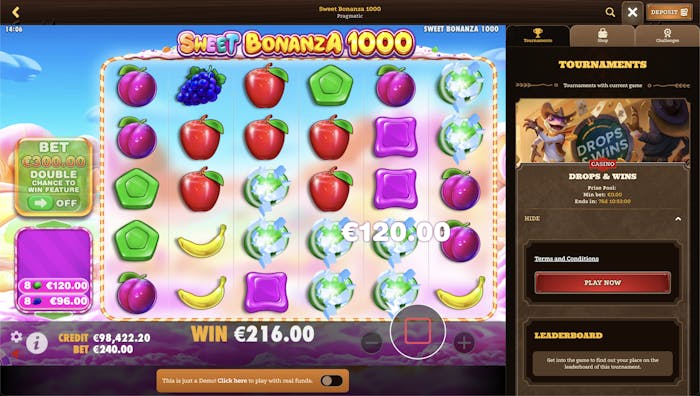 Sweet Bonanza 1000 online slot game featuring colorful fruit symbols like apples, grapes, and bananas, with a high-stakes bet of €300 and a potential win of €216, accompanied by a 'Double Chance to Win' feature