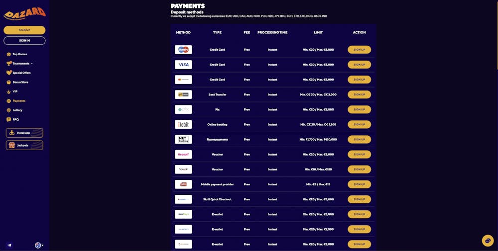 dazard casino deposit methods