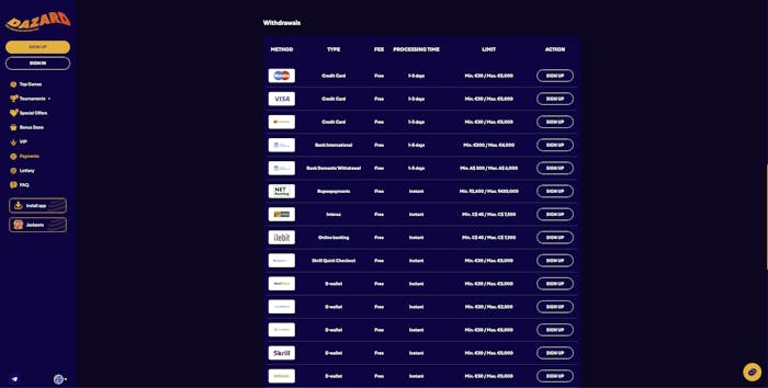 dazard casino withdrawal methods