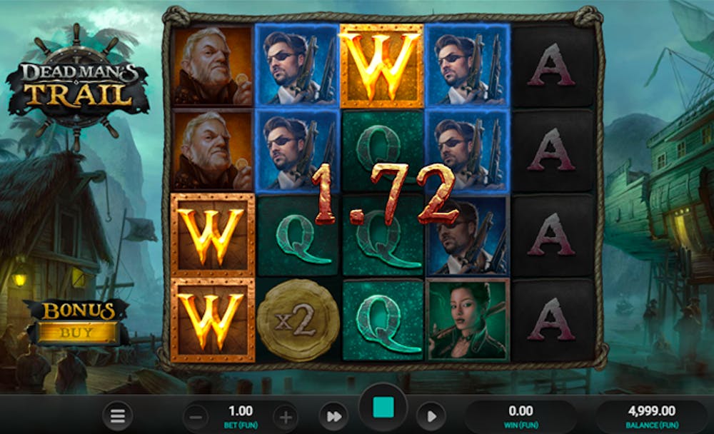 Gameplay screen of the Dead Man's Trail slot, showing a 5x4 grid with symbols including characters, golden Wild symbols marked 'W,' and a x2 multiplier coin. The win amount of 1.72 is displayed, with a pirate-themed background featuring ships and a coastal village.