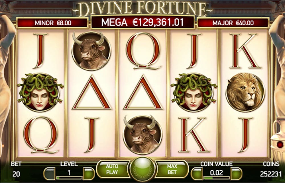 Gameplay screen of the Divine Fortune slot featuring Medusa, a lion, and a bull as high-value symbols. The jackpot displays Mega (€129,361.01), Major (€40.00), and Minor (€8.00) prizes with 20 paylines and adjustable coin value options.