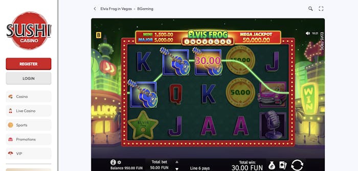 Elvis Frog in Vegas slot game on Sushi Casino, showing a winning combination of guitars and other symbols. The top of the screen displays the Mega Jackpot of €50,000 and other jackpots, while the total win of €30.00 is shown at the bottom