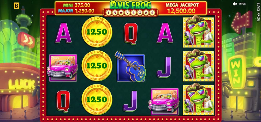 A screenshot of the Elvis Frog in Vegas online pokie featuring reels with bright gold coins, guitars, pink Cadillacs, and the Elvis Frog character in a glitzy Vegas-style setting. Jackpot amounts displayed above the reels.