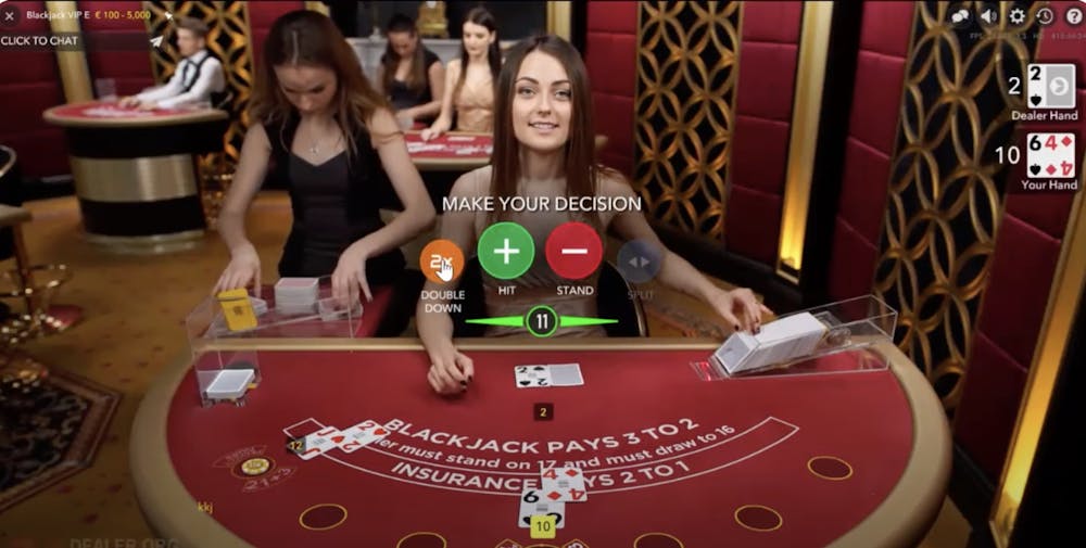 Live Blackjack by Evolution - featuring a female dealer at a red blackjack table.