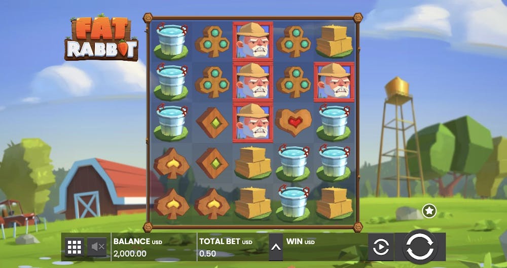A colourful farm-themed slot grid featuring symbols like water buckets, haystacks, and the farmer character. The background shows a clear blue sky, green trees, and a red barn, creating a charming countryside setting.