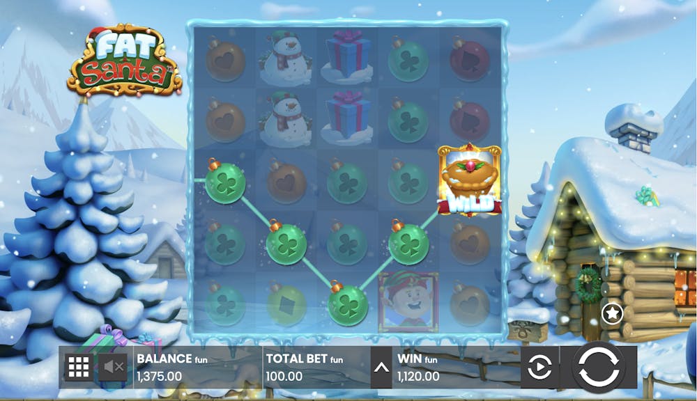 regular symbols lining up to form a winning combination with a wild symbol in the fat santa slot base game