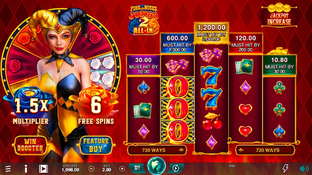 A vibrant slot game screen featuring a jester character on the left, displaying multipliers and free spins. The reels show symbols like sevens, playing card suits, and jackpot values under a red and gold diamond-patterned background.