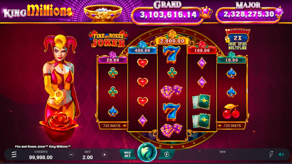 A vibrant slot game screen for Fire and Roses Joker King Millions featuring a red-and-gold jester character on the left, a five-reel setup with classic symbols like sevens, cherries, and playing card suits, and jackpot amounts displayed at the top, with the 