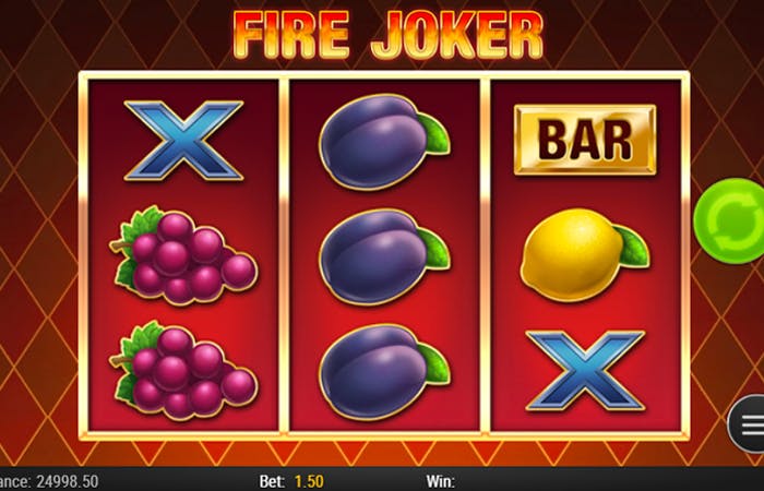 A three-reel Fire Joker slot game screen featuring classic fruit machine symbols. The reels display a mix of grapes, plums, a golden