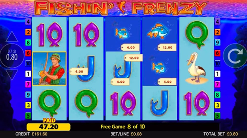 fishin frenzy game with playing card symbols, fisherman and fish symbols