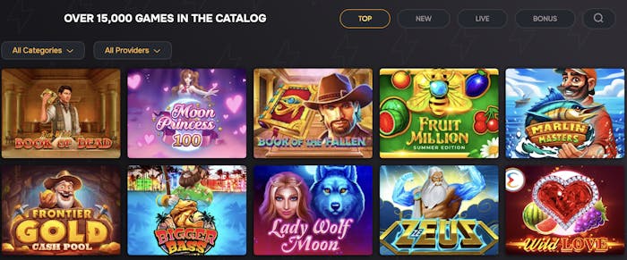 FlashDash casino games catalog showcasing popular titles such as Book of Dead, Moon Princess 100, Book of the Fallen, Fruit Million Summer Edition, Marlin Masters, Frontier Gold Cash Pool, Bigger Bass, Lady Wolf Moon, Zeus, and Wild Love.