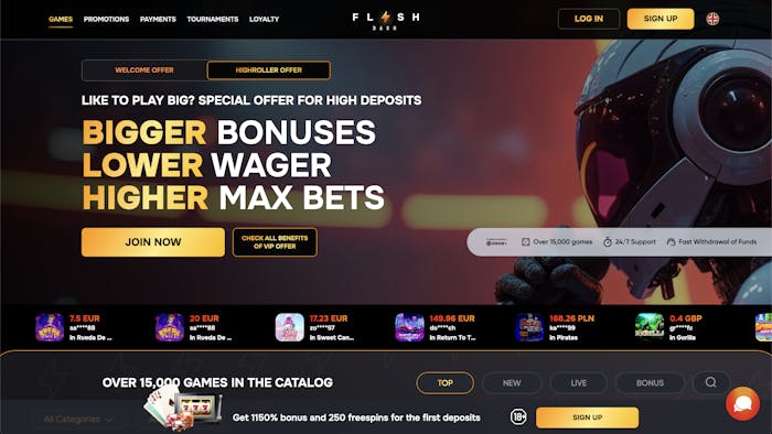 FlashDash casino homepage featuring a high deposit VIP offer highlighting bigger bonuses, lower wager requirements, and higher max bets, along with navigation links to games, promotions, payments, tournaments, and loyalty program, plus sign up and login buttons.