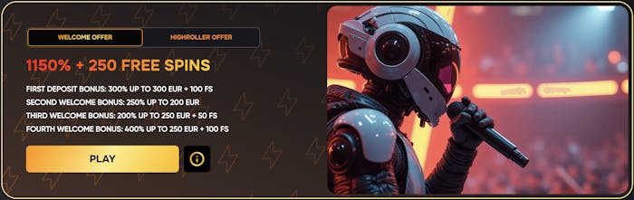 FlashDash casino promotions banner advertising a welcome offer of 1150% bonus plus 250 free spins, broken down into four deposit bonuses, with a futuristic robotic singer image on the right.