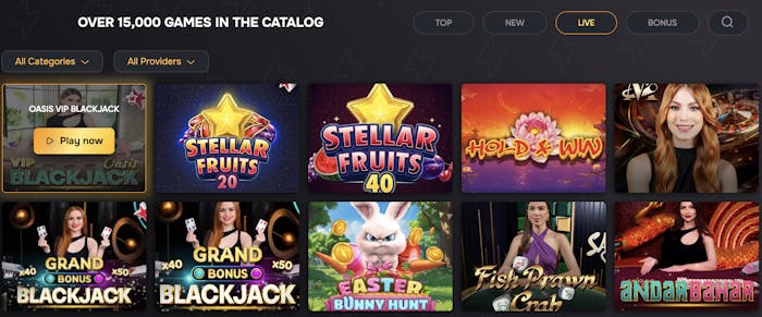 FlashDash live casino games catalog displaying thumbnails for various games including Oasis VIP Blackjack, Stellar Fruits 20 and 40, Hold & Win, Grand Bonus Blackjack, Easter Bunny Hunt, Fish Prawn Crab, and Andar Bahar.