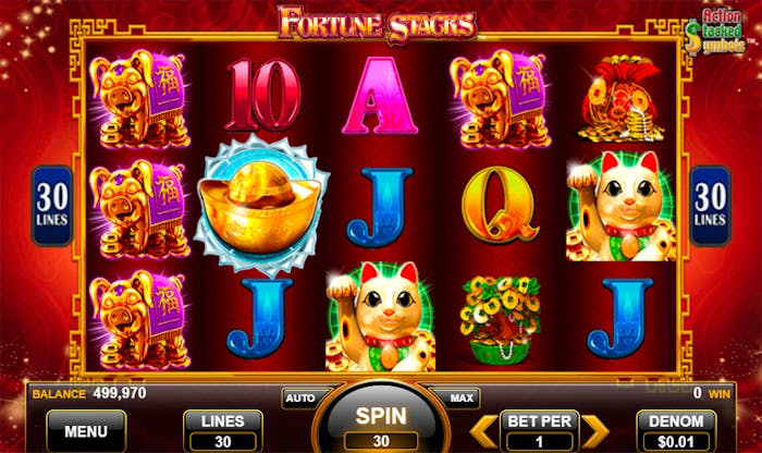 Fortune Stacks pokie game showing symbols including golden pigs, a gold ingot, lucky cats, and other traditional Chinese fortune symbols. The game has 30 paylines and a $0.01 denomination.