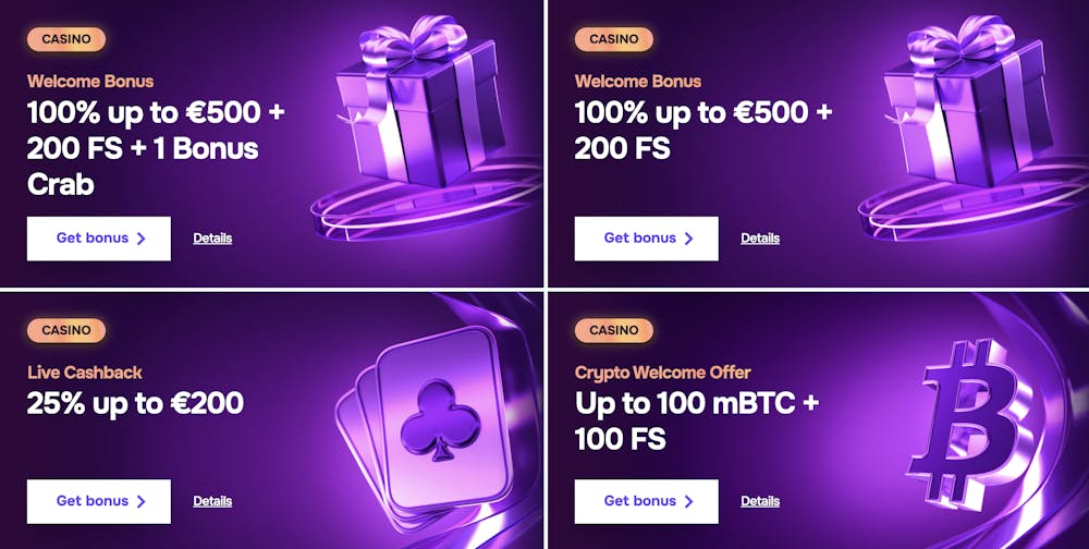 four different sign up bonuses from sg casino