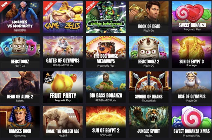 A vibrant selection of online slot games available at FreshBet Casino, featuring popular titles like 'Holmes vs Moriarty,' 'Sweet Bonanza,' and 'Gates of Olympus,' along with exclusive and themed slots.