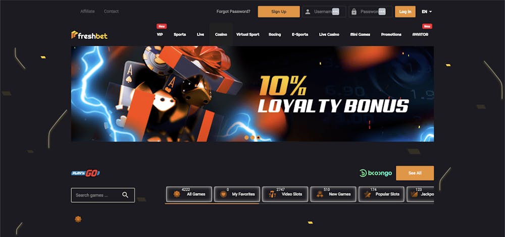 FreshBet Casino homepage highlighting a promotional banner for a 10% loyalty bonus, with navigation options for games, live casino, e-sports, and virtual sports.