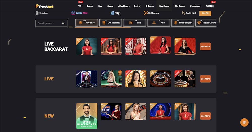 FreshBet Casino's live casino section showcasing live baccarat and roulette games, with professional dealers dressed in red, and quick access buttons for more game categories.