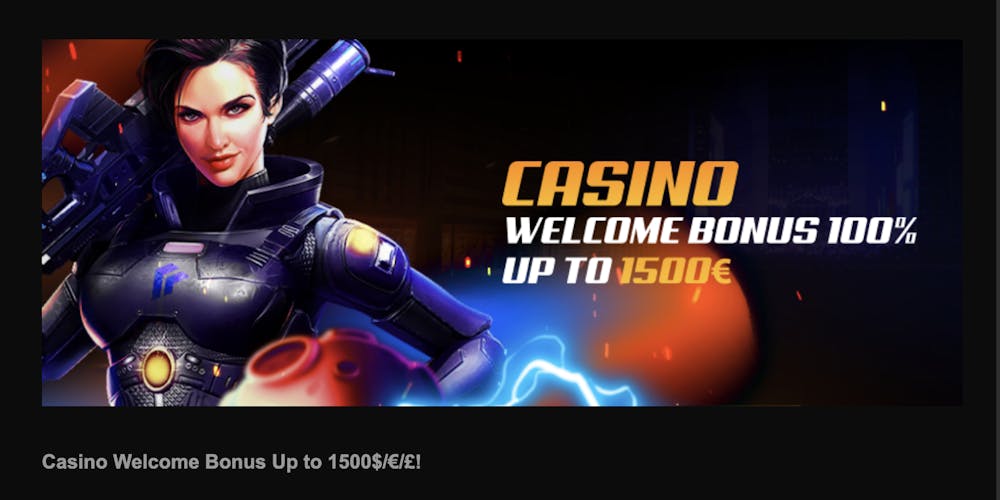 FreshBet Casino sign-up bonus promotional banner featuring a futuristic female character in combat gear, advertising a 100% welcome bonus up to €1500.