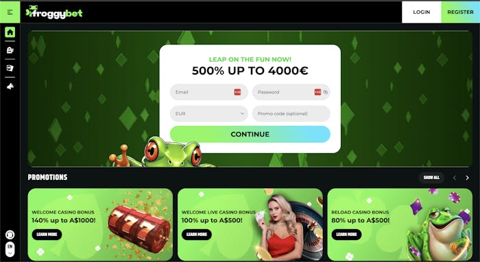 FroggyBet Casino homepage featuring a green frog theme, a welcome offer of 500% up to €4000, and login and registration options at the top.