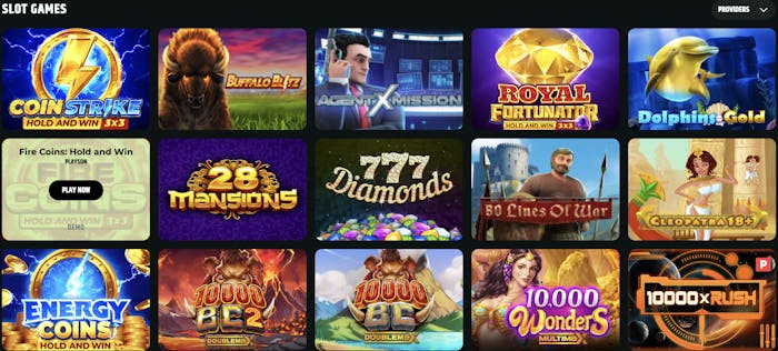 FroggyBet Casino slot games section showcasing titles like Coin Strike, Buffalo Blitz, 28 Mansions, Cleopatra 18+, and 10000 BC2 with vibrant, colourful thumbnails.