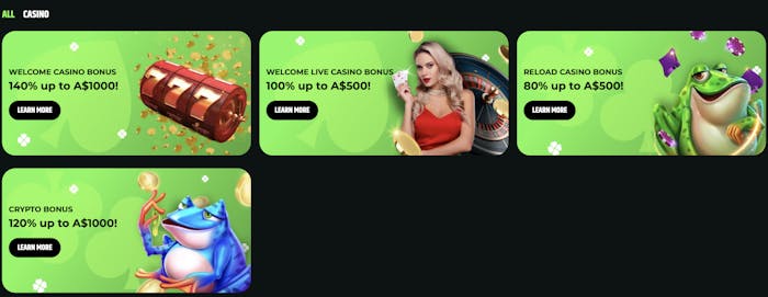 FroggyBet Casino promotions section displaying bonuses like a 140% welcome bonus up to A$1000, a live casino bonus, a reload bonus, and a crypto bonus with frog-themed graphics.